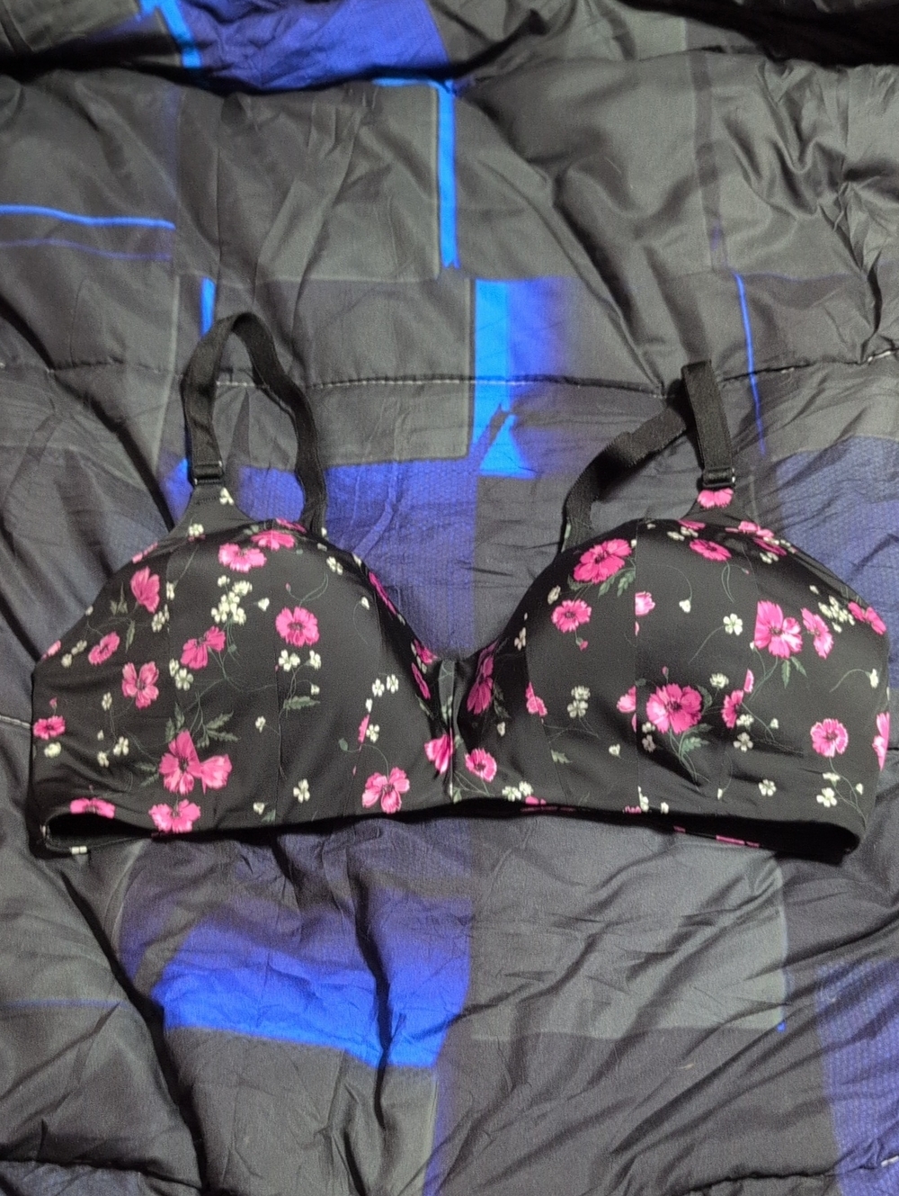 Black Bra with Pink Floral Print - Smooth Supportive Everyday Bra